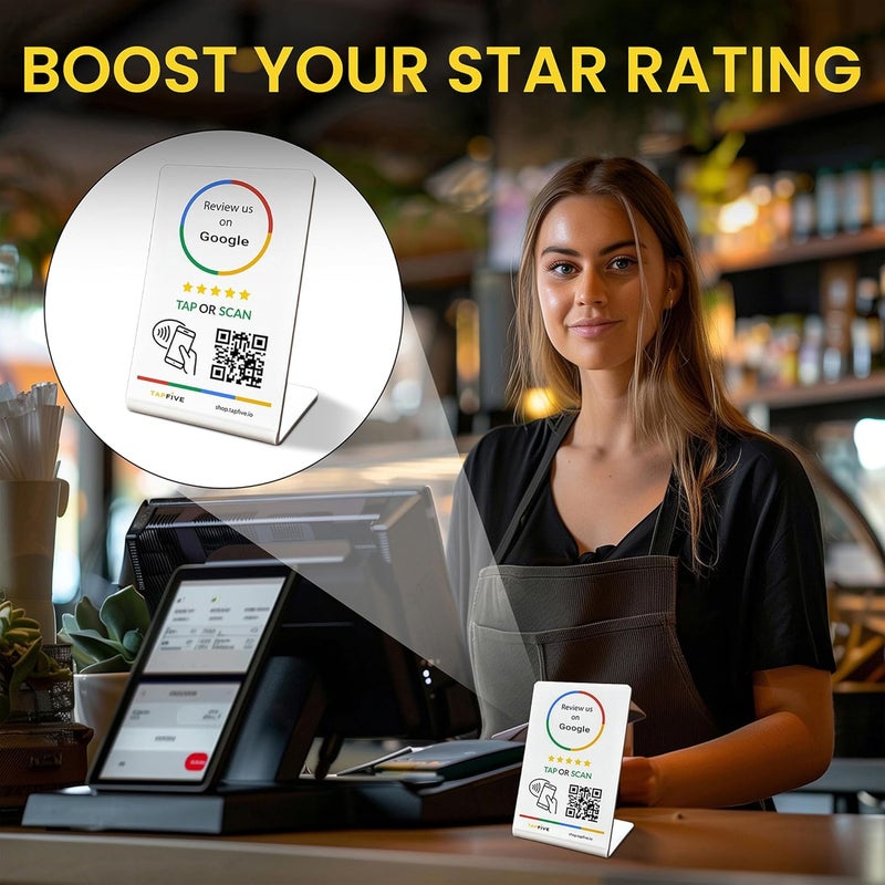 TapFive Google Review Stand Compatible with Google Reviews - Tap for Instant Reviews - All Phones Compatible - Reusable Smart Tap NFC & QR - Boost Business Reviews - Zappy Fast (White, 10-Pack) - Image 3